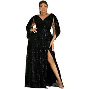 Women's Plus Size Double V-Neck Sequin Sleeveless Evening Dress 3X